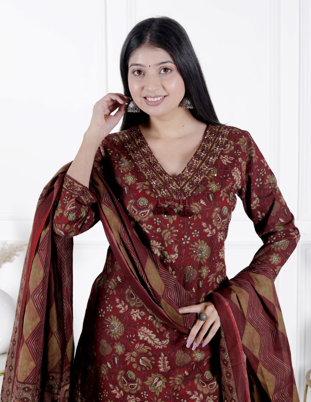 Maroon Cotton Kurta Pant Set with Dupatta-800087