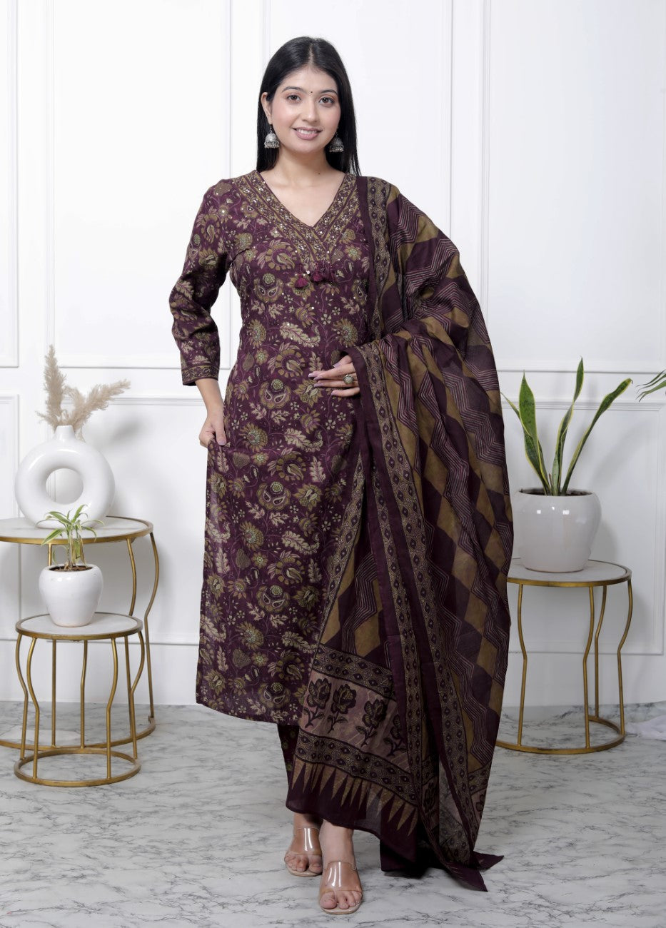 Purple Cotton Kurta Pant Set with Dupatta-800087