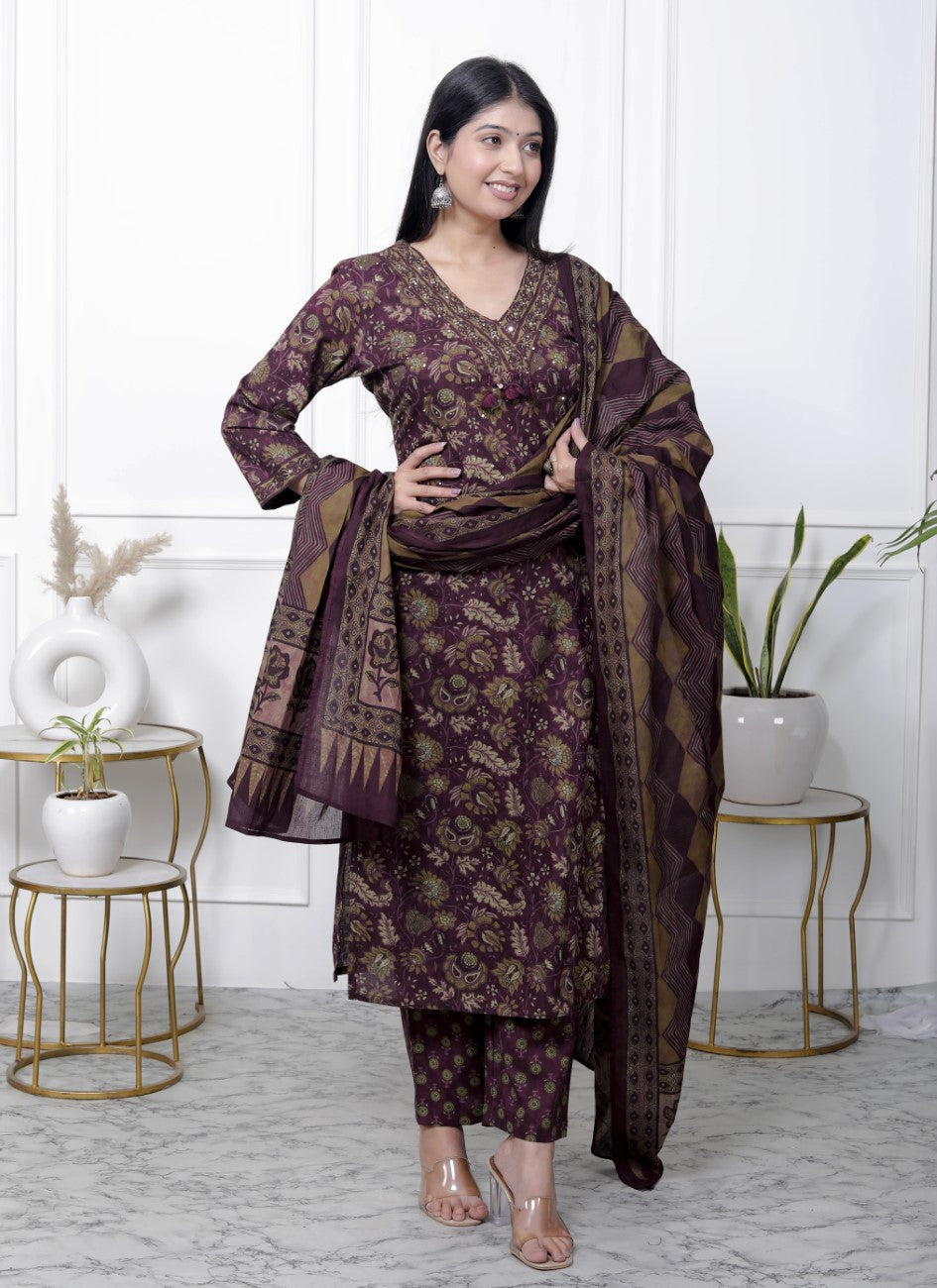 Purple Cotton Kurta Pant Set with Dupatta-800087