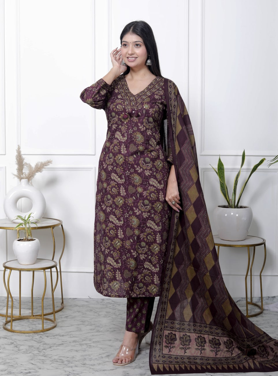 Purple Cotton Kurta Pant Set with Dupatta-800087