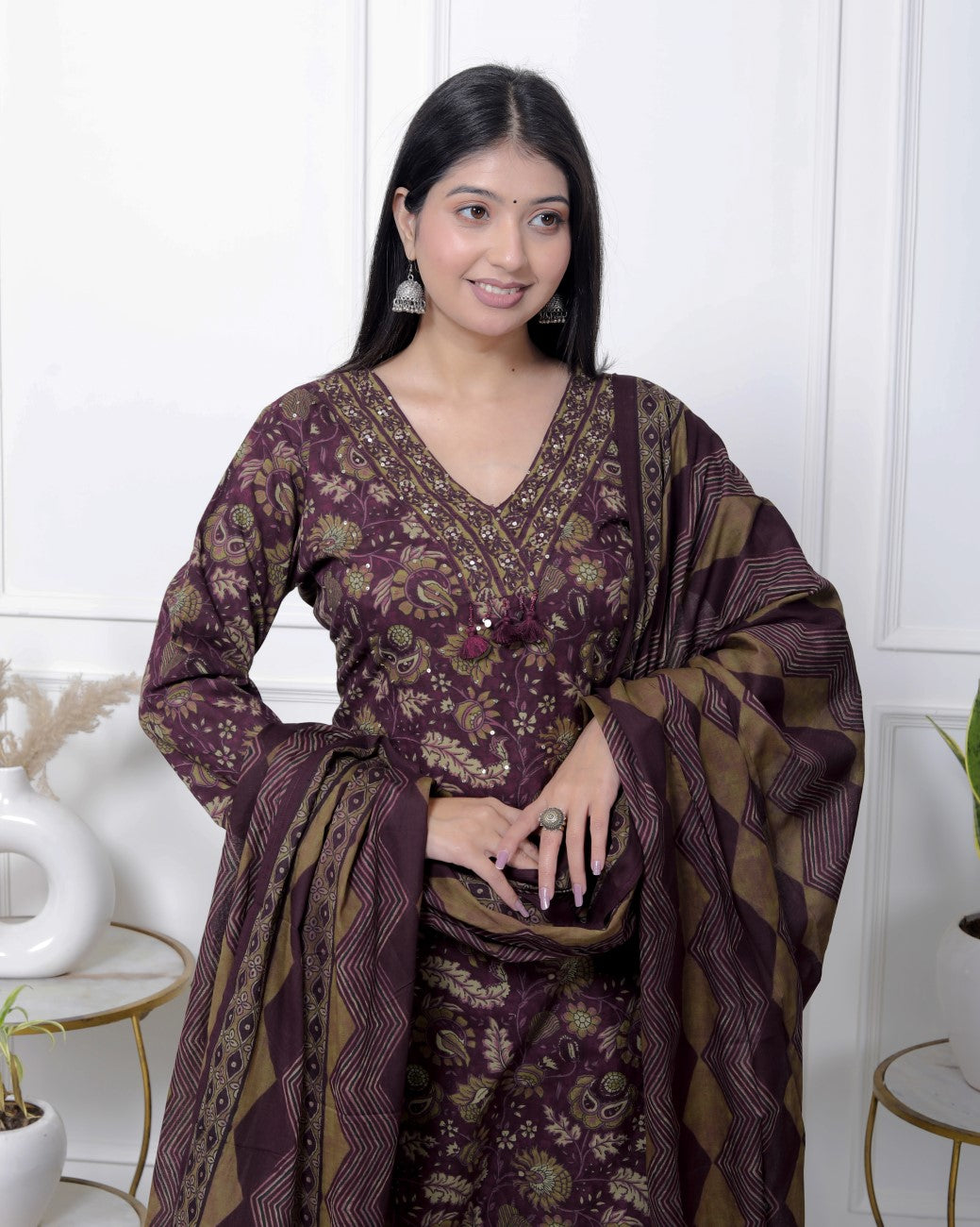 Purple Cotton Kurta Pant Set with Dupatta-800087