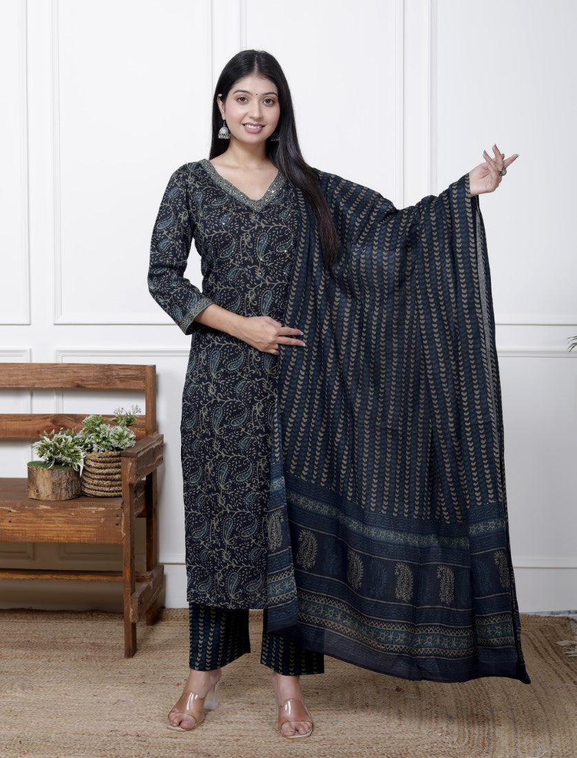 Blue Cotton Kurta Pant Set with Dupatta-800088