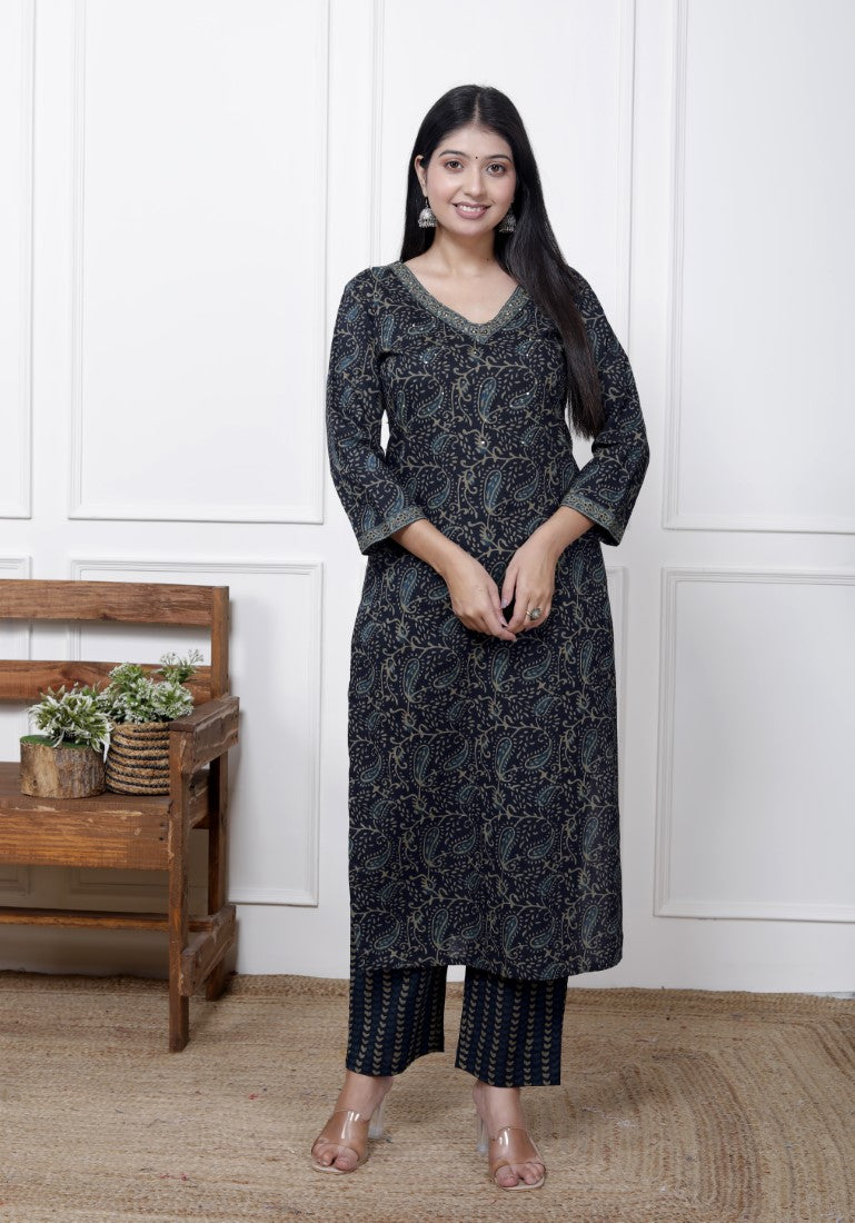 Blue Cotton Kurta Pant Set with Dupatta-800088