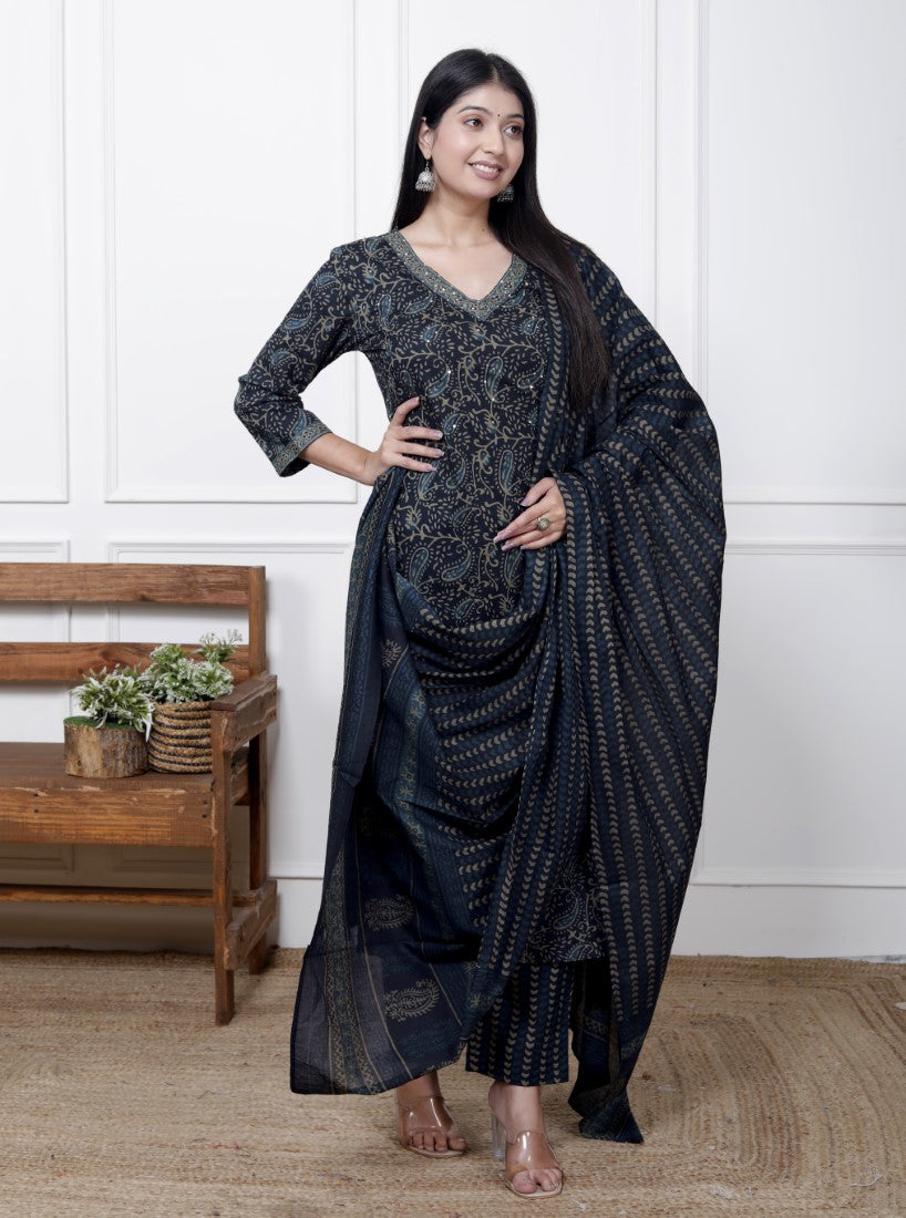 Blue Cotton Kurta Pant Set with Dupatta-800088