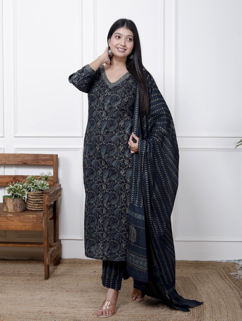 Blue Cotton Kurta Pant Set with Dupatta-800088