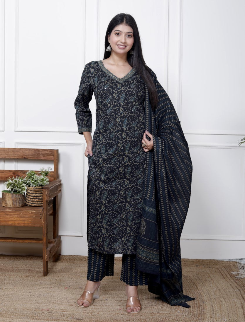 Blue Cotton Kurta Pant Set with Dupatta-800088