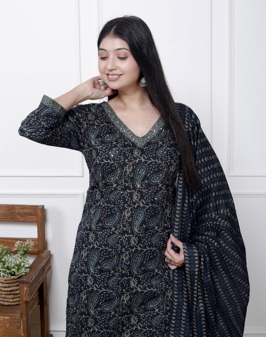 Blue Cotton Kurta Pant Set with Dupatta-800088