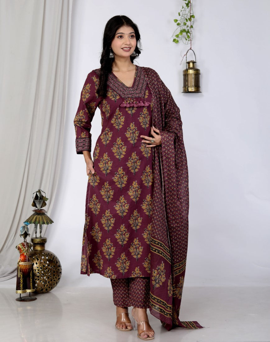 Purple Cotton Kurta Pant Set with Dupatta-800089