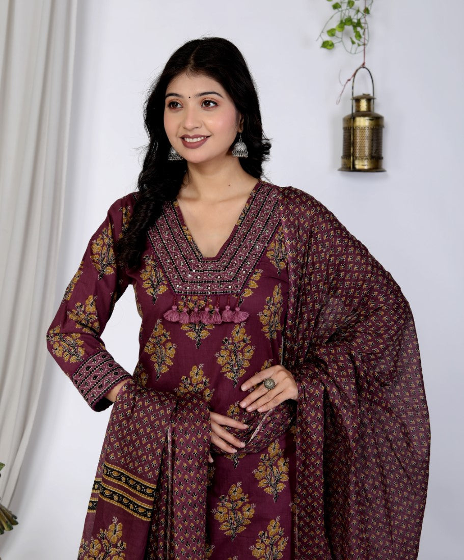 Purple Cotton Kurta Pant Set with Dupatta-800089