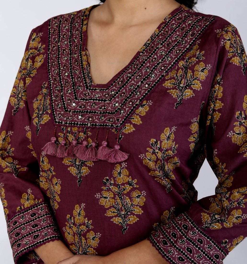 Purple Cotton Kurta Pant Set with Dupatta-800089