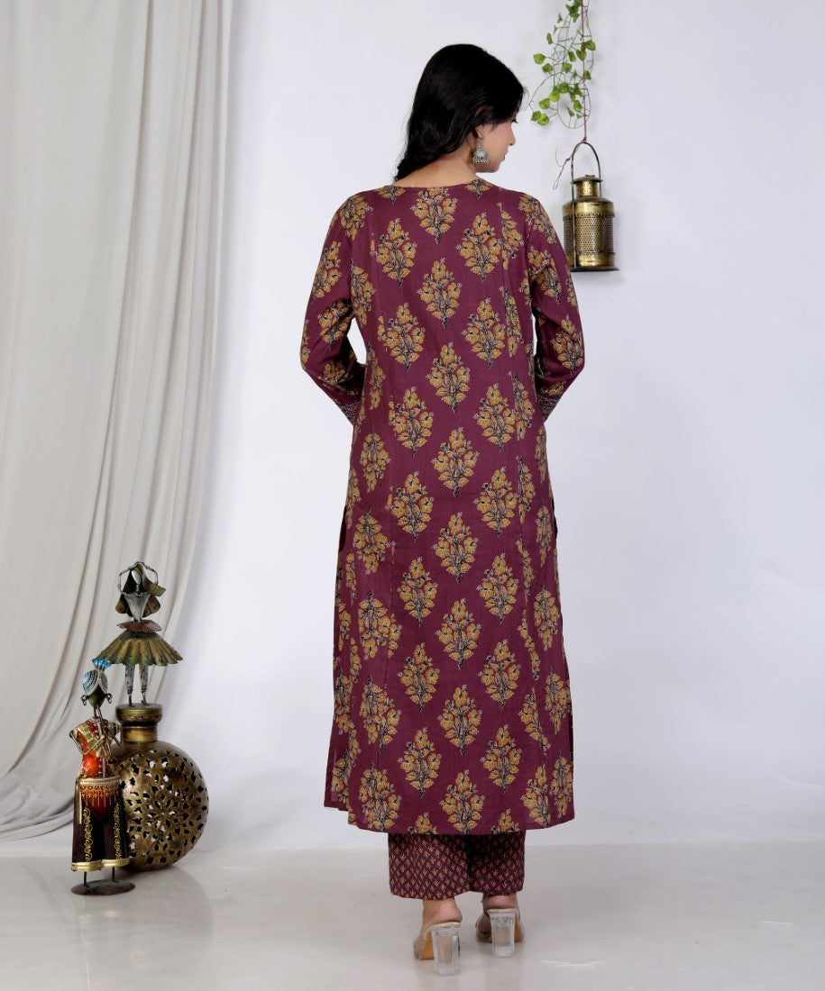 Purple Cotton Kurta Pant Set with Dupatta-800089