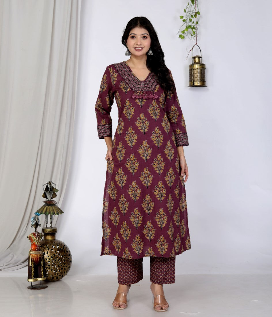 Purple Cotton Kurta Pant Set with Dupatta-800089