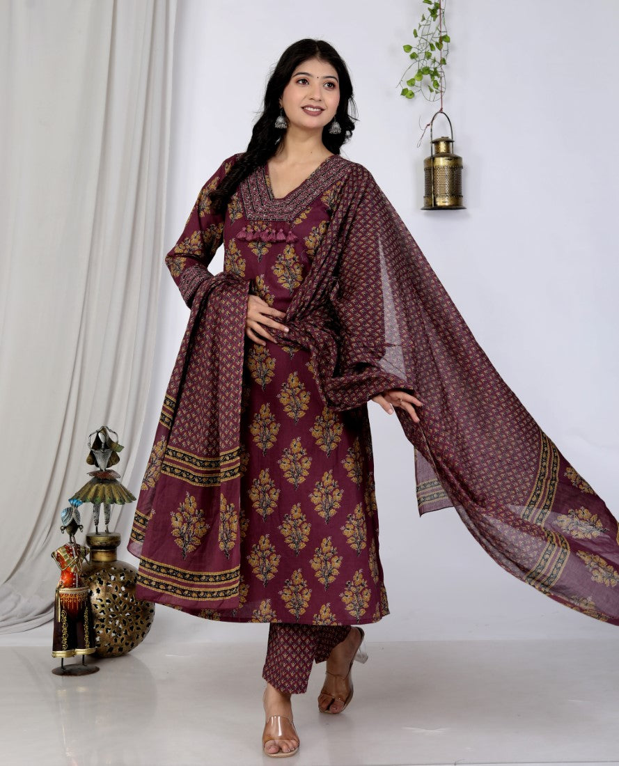Purple Cotton Kurta Pant Set with Dupatta-800089