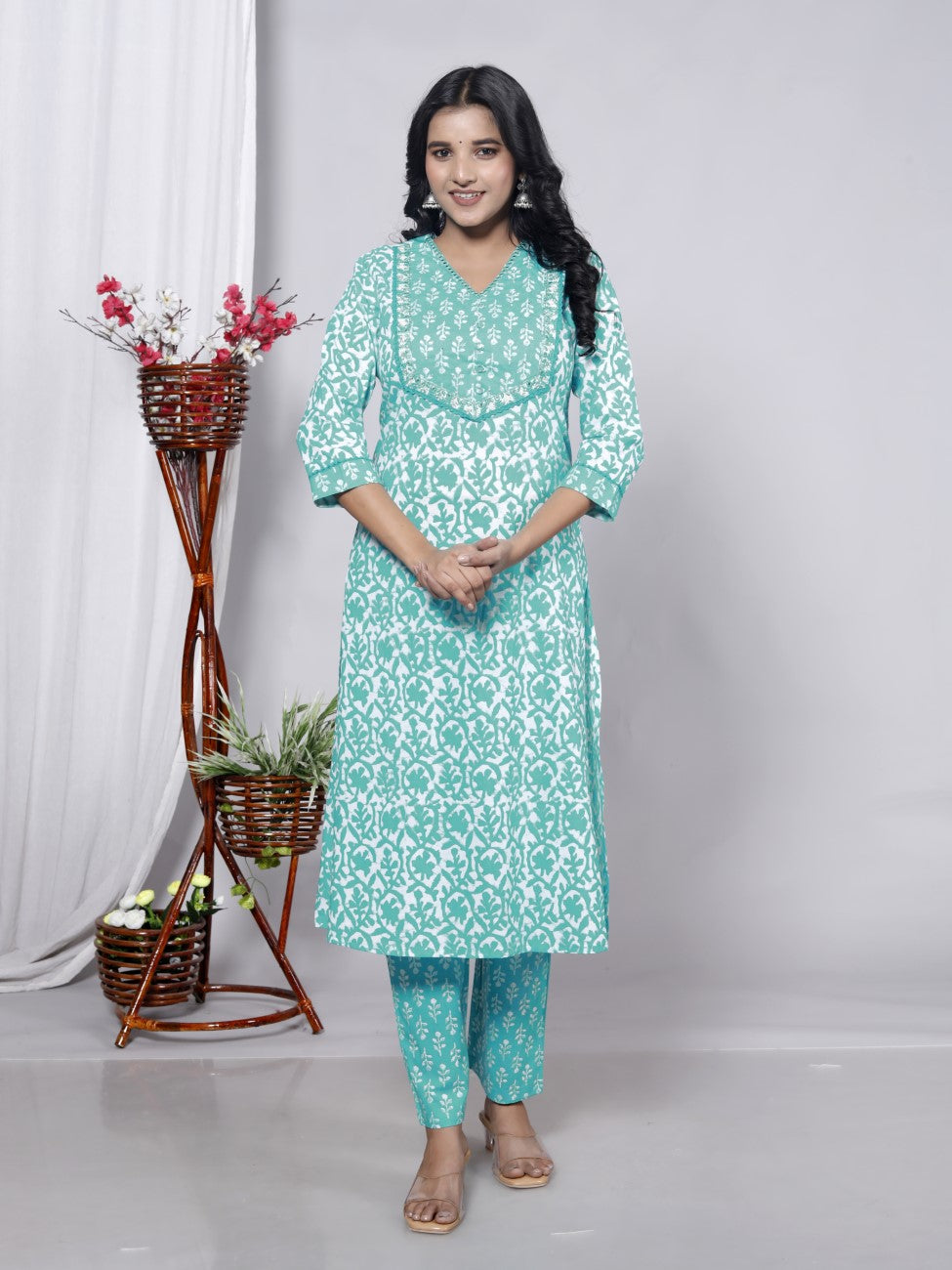 Blue Cotton Kurta Pant Set with Dupatta-800090