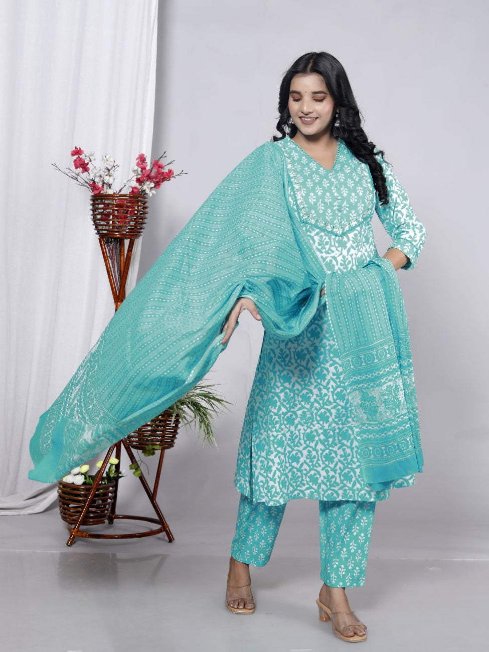 Blue Cotton Kurta Pant Set with Dupatta-800090