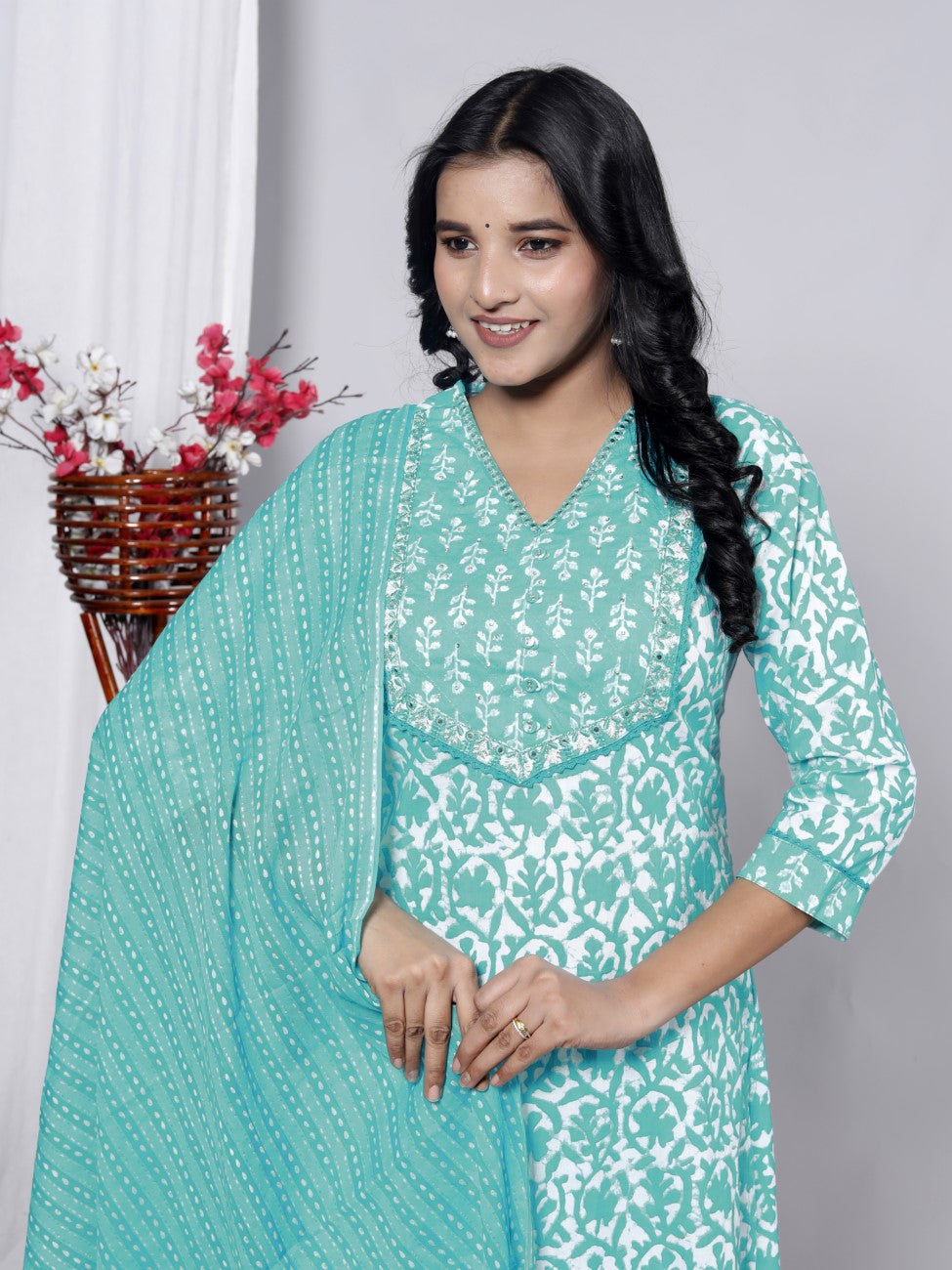 Blue Cotton Kurta Pant Set with Dupatta-800090