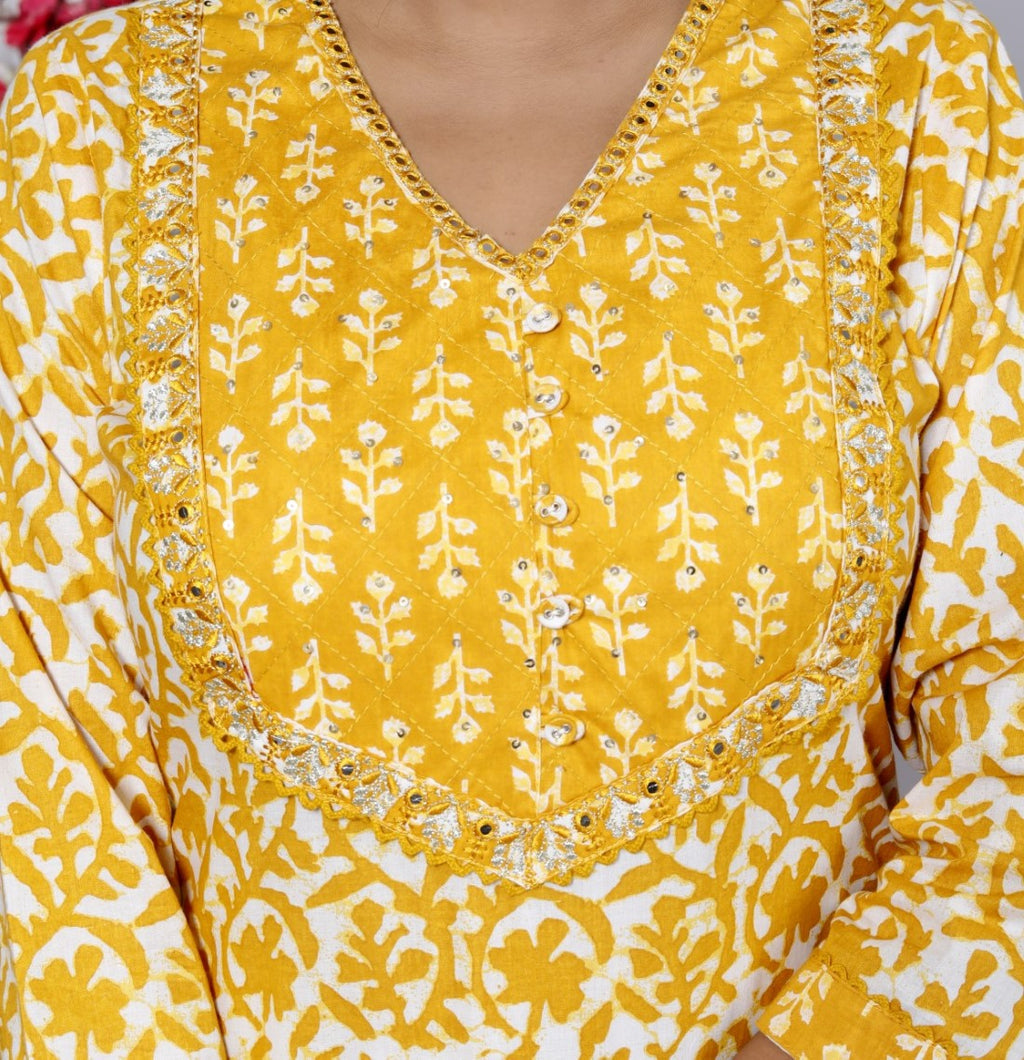 Yellow Cotton Kurta Pant Set with Dupatta-800090