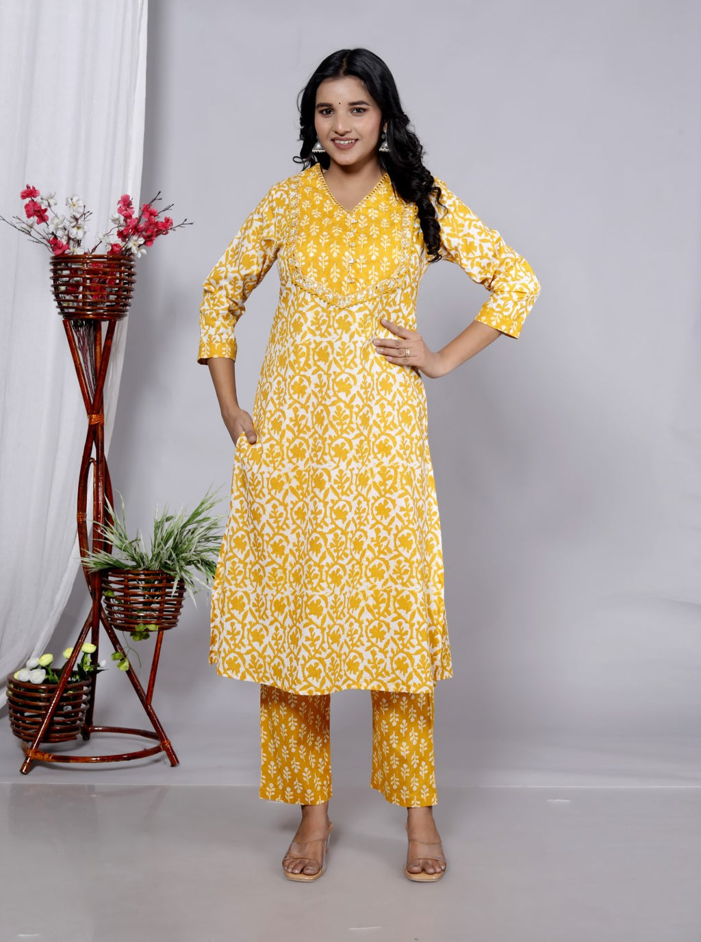 Yellow Cotton Kurta Pant Set with Dupatta-800090