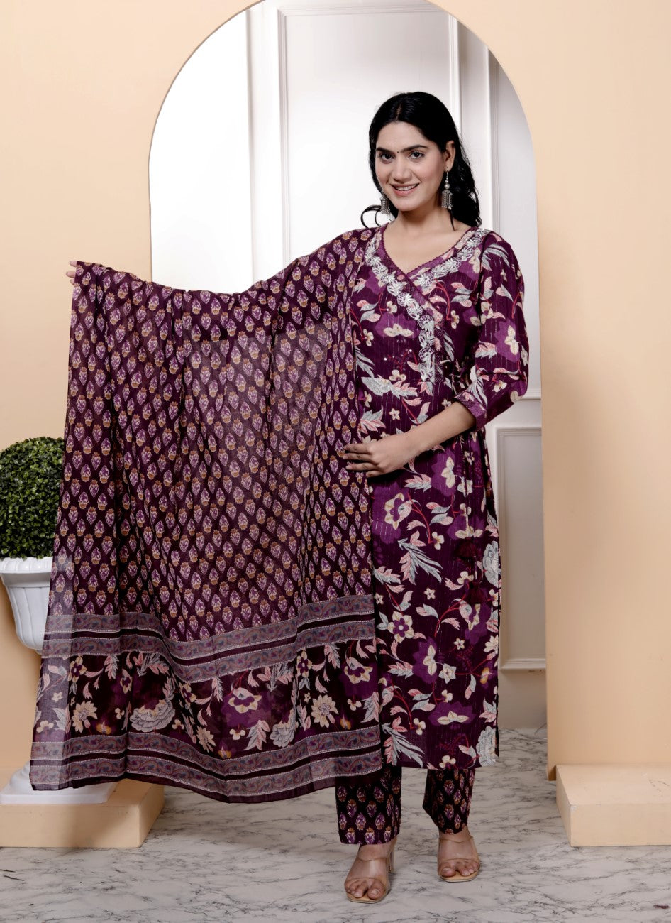 Purple Cotton Kurta Pant Set with Dupatta-800094