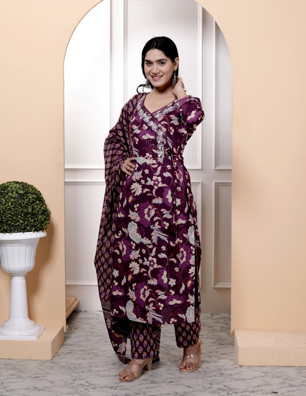 Purple Cotton Kurta Pant Set with Dupatta-800094