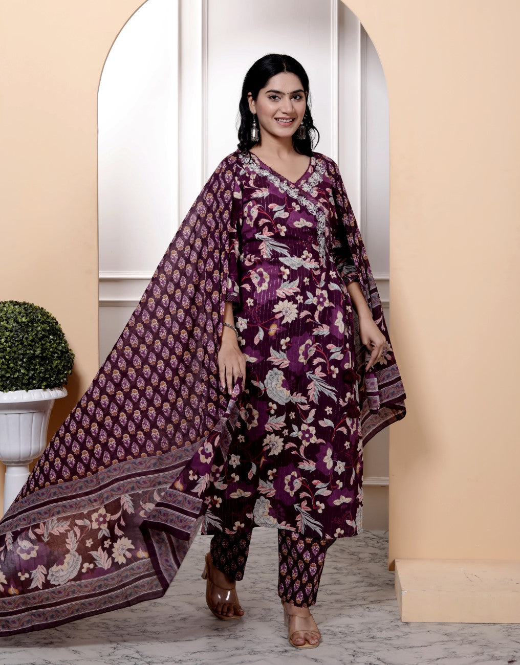 Purple Cotton Kurta Pant Set with Dupatta-800094