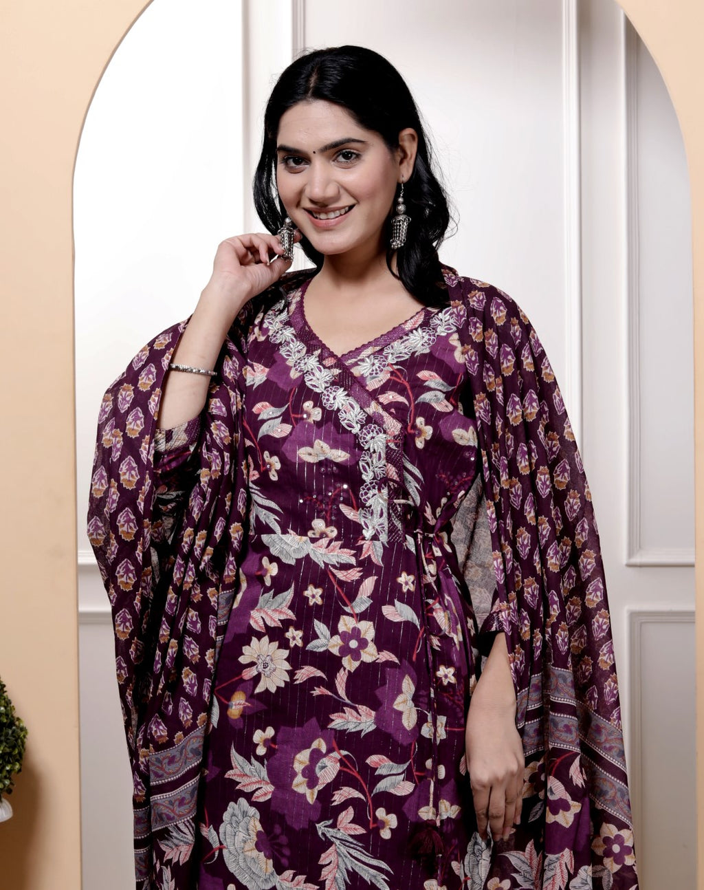 Purple Cotton Kurta Pant Set with Dupatta-800094