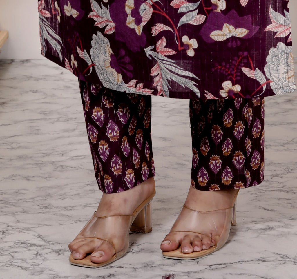 Purple Cotton Kurta Pant Set with Dupatta-800094