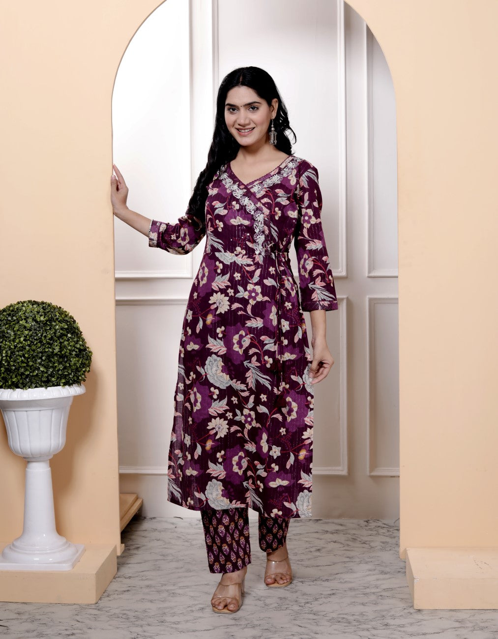 Purple Cotton Kurta Pant Set with Dupatta-800094