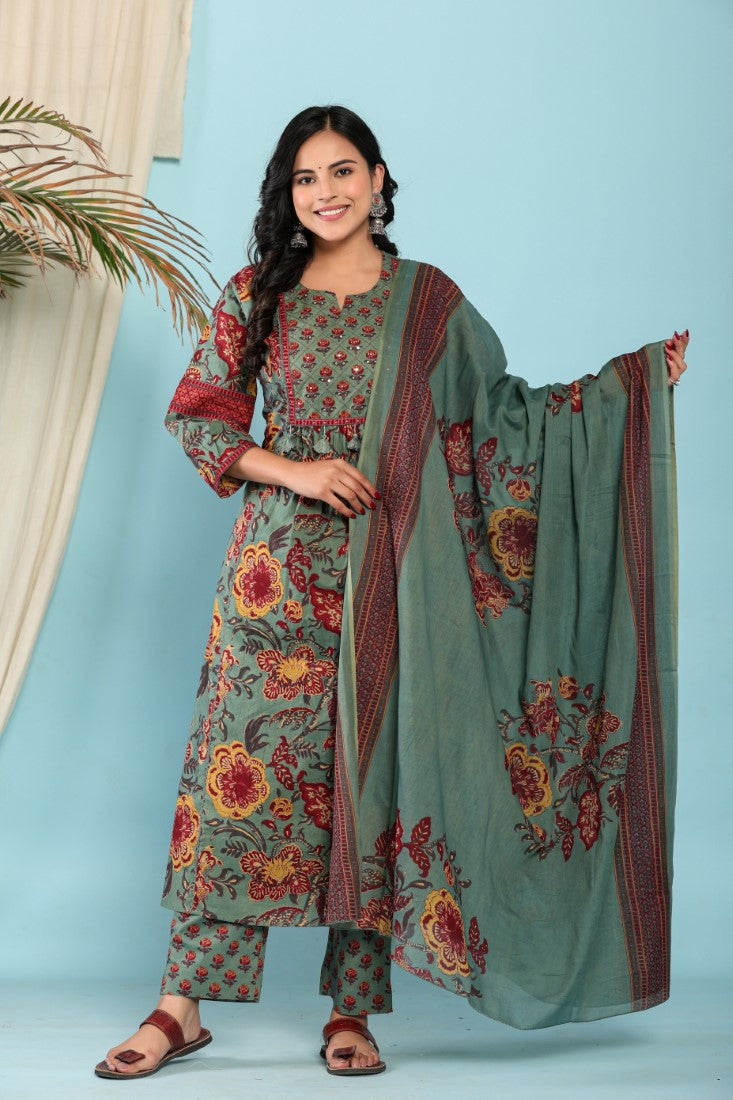 Green Cotton Anarkali Kurta Pant Set with Dupatta-800096