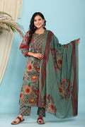 Green Cotton Anarkali Kurta Pant Set with Dupatta-800096