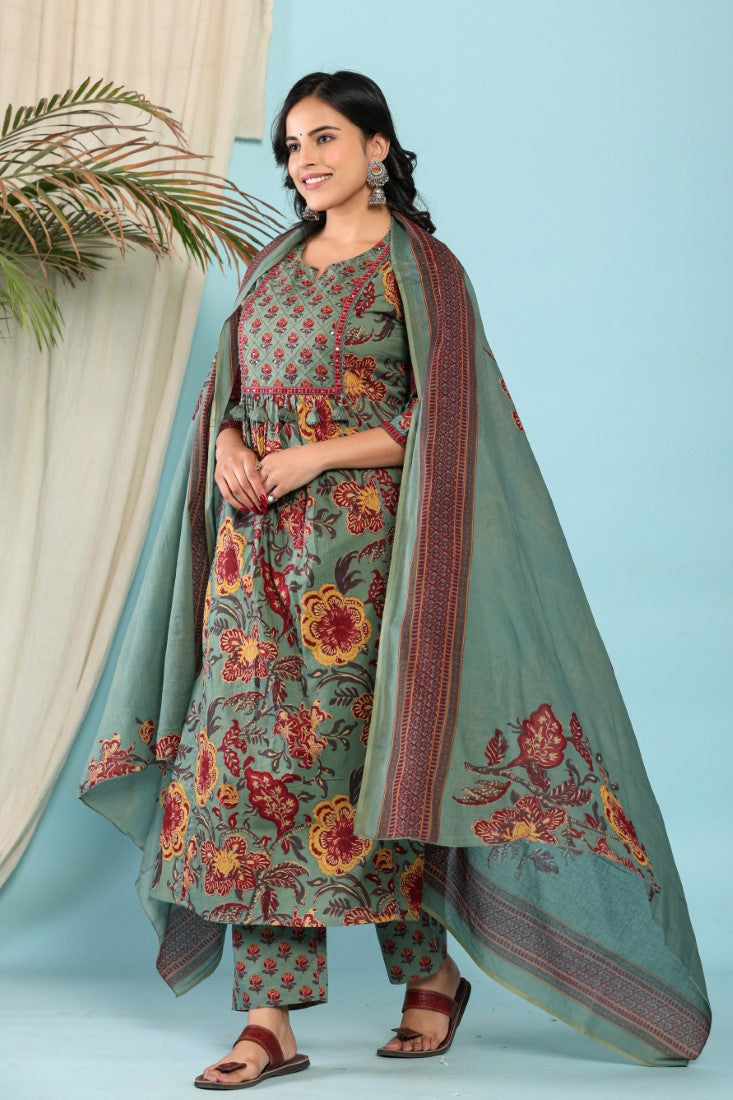 Green Cotton Anarkali Kurta Pant Set with Dupatta-800096