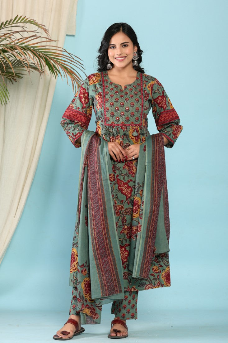 Green Cotton Anarkali Kurta Pant Set with Dupatta-800096
