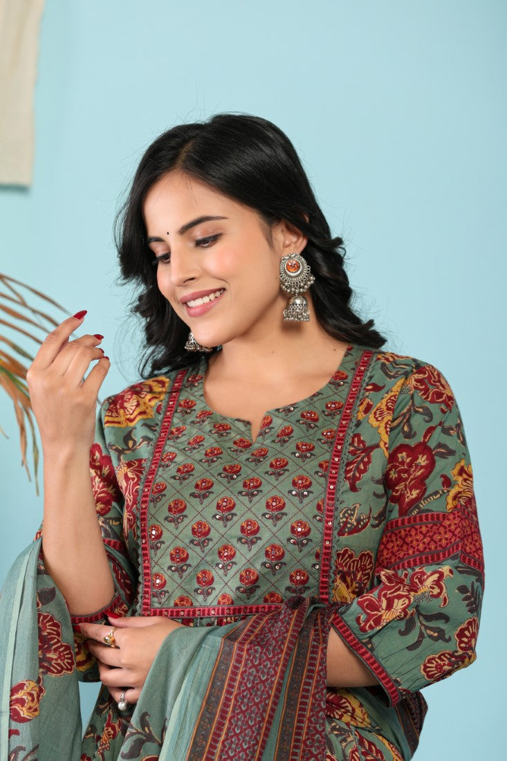 Green Cotton Anarkali Kurta Pant Set with Dupatta-800096