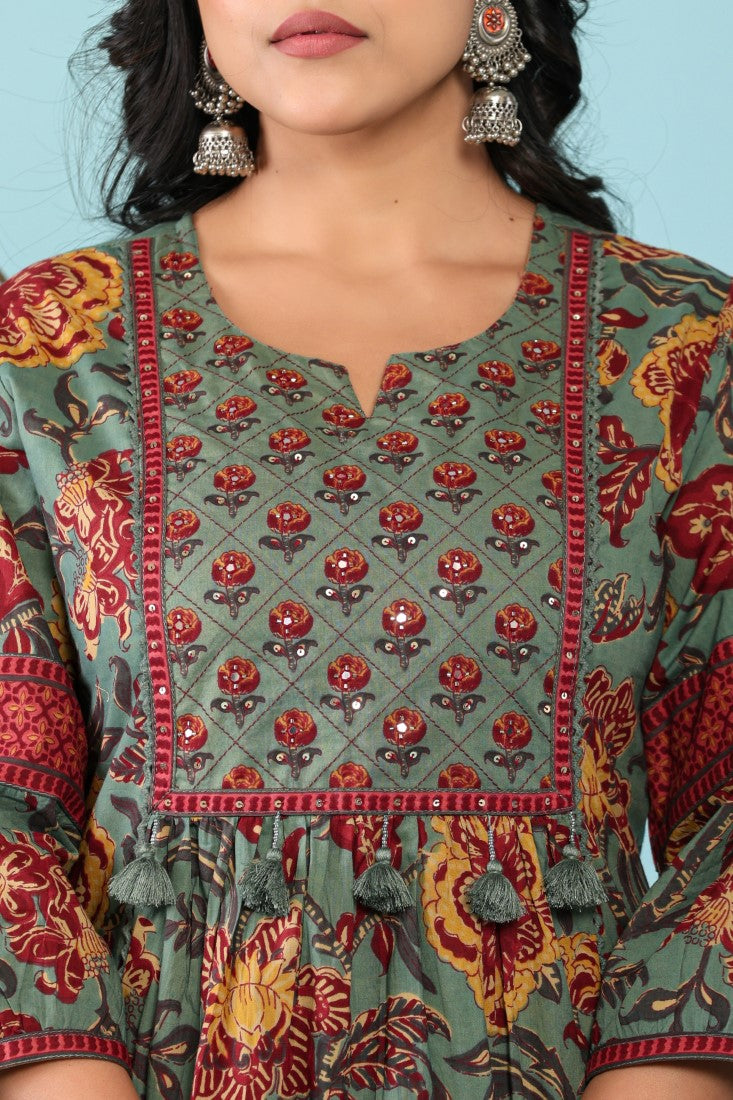 Green Cotton Anarkali Kurta Pant Set with Dupatta-800096