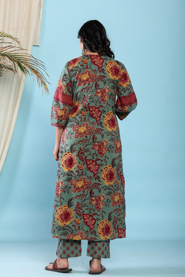 Green Cotton Anarkali Kurta Pant Set with Dupatta-800096