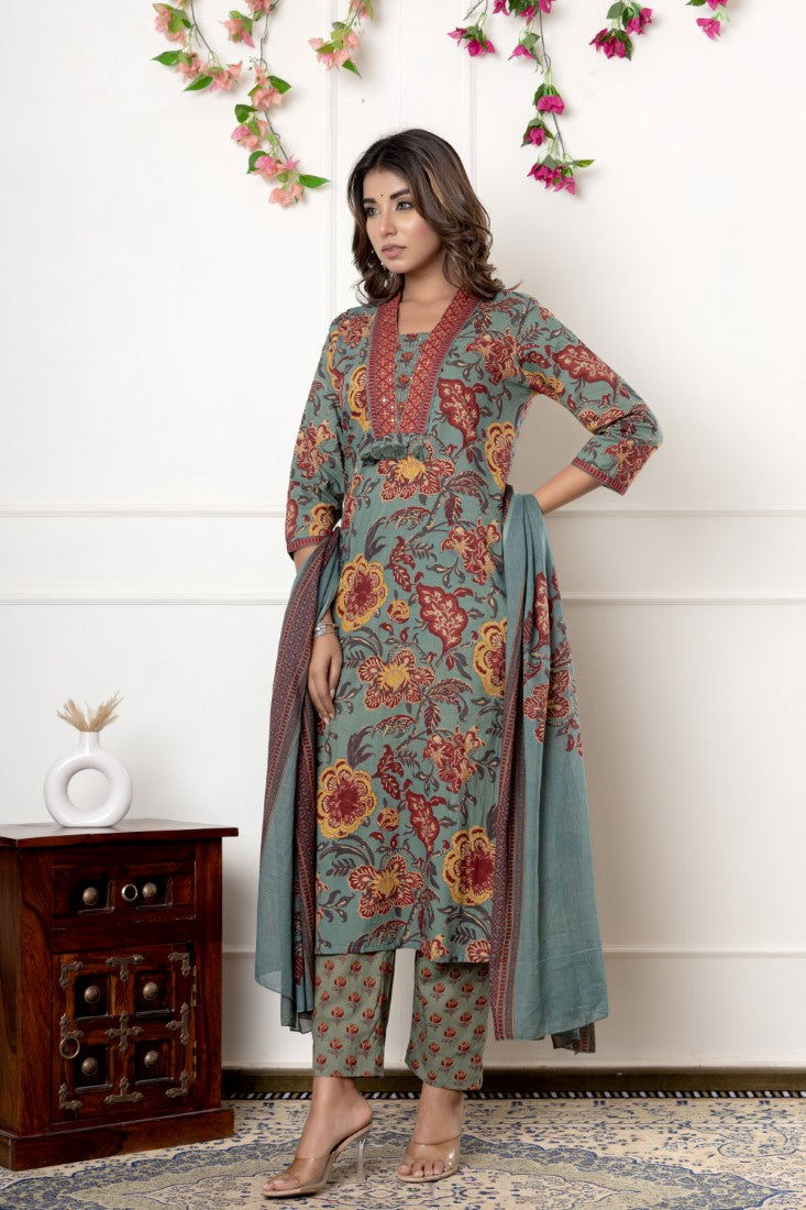 Green Cotton Anarkali Kurta Pant Set with Dupatta-800097