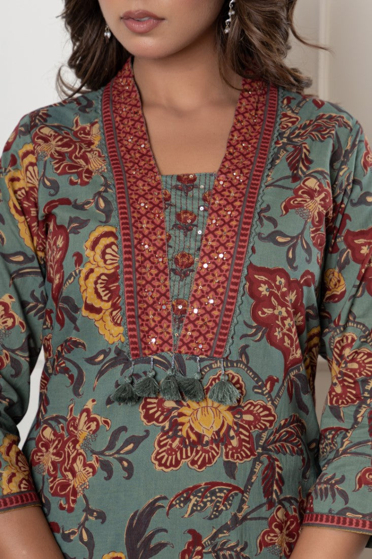 Green Cotton Anarkali Kurta Pant Set with Dupatta-800097