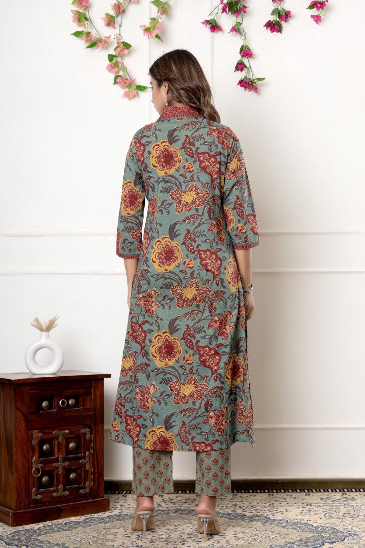 Green Cotton Anarkali Kurta Pant Set with Dupatta-800097