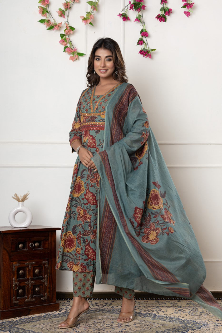 Green Cotton Anarkali Kurta Pant Set with Dupatta-800098