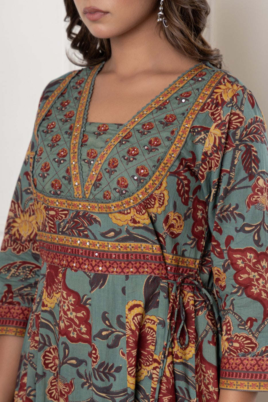 Green Cotton Anarkali Kurta Pant Set with Dupatta-800098