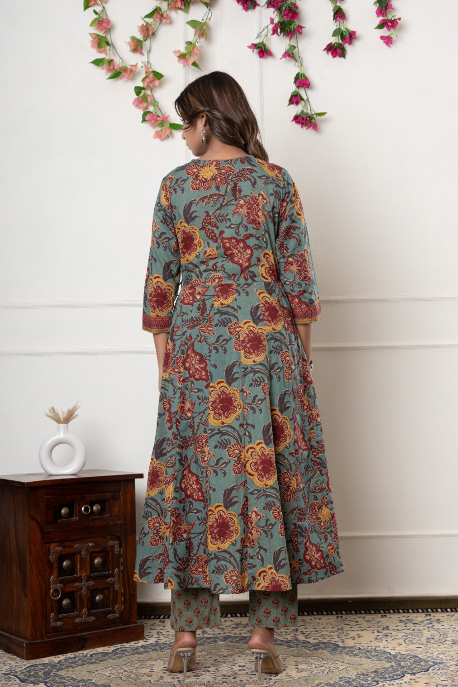 Green Cotton Anarkali Kurta Pant Set with Dupatta-800098