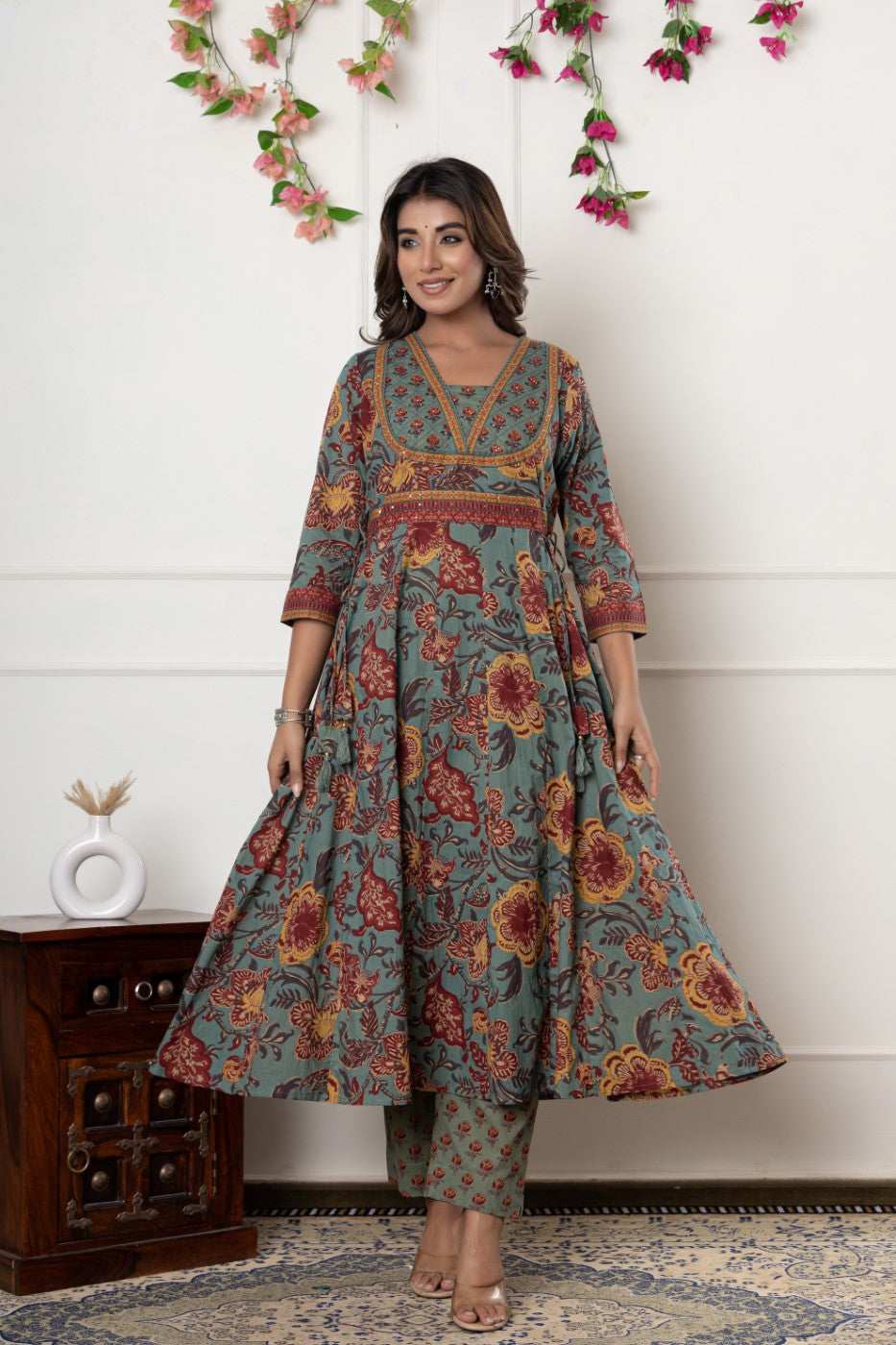 Green Cotton Anarkali Kurta Pant Set with Dupatta-800098