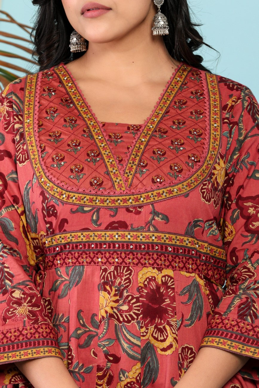 Onion Cotton Anarkali Kurta Pant Set with Dupatta-800098