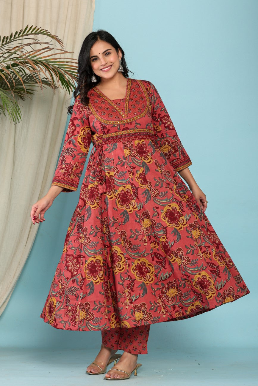 Onion Cotton Anarkali Kurta Pant Set with Dupatta-800098