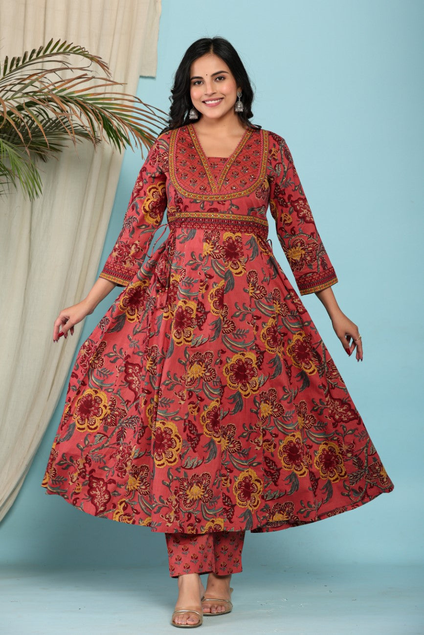 Onion Cotton Anarkali Kurta Pant Set with Dupatta-800098