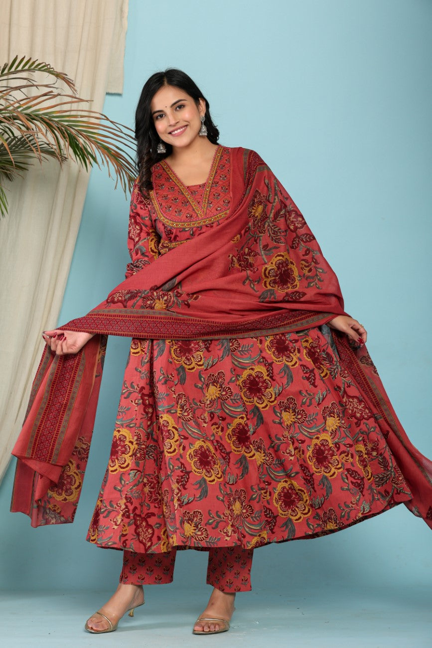 Onion Cotton Anarkali Kurta Pant Set with Dupatta-800098