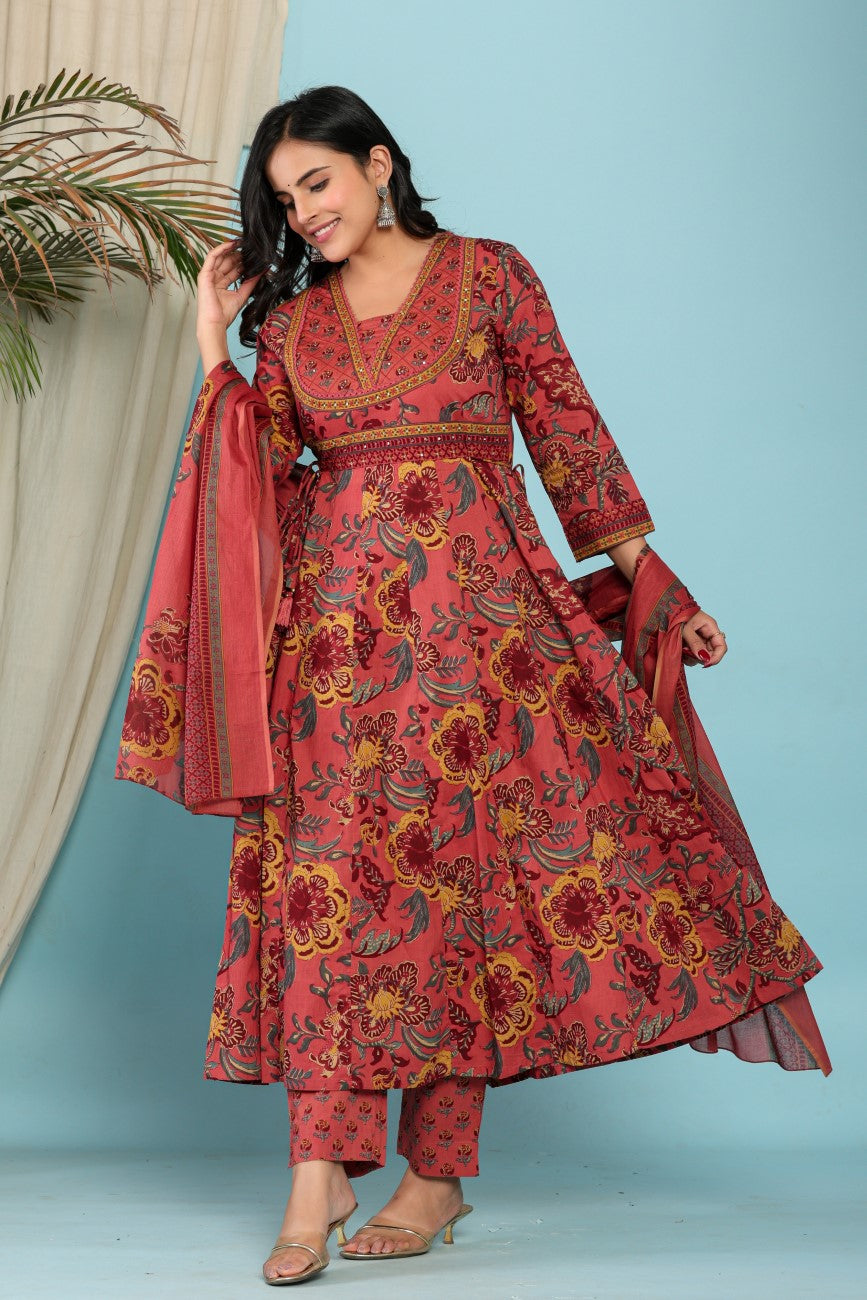 Onion Cotton Anarkali Kurta Pant Set with Dupatta-800098