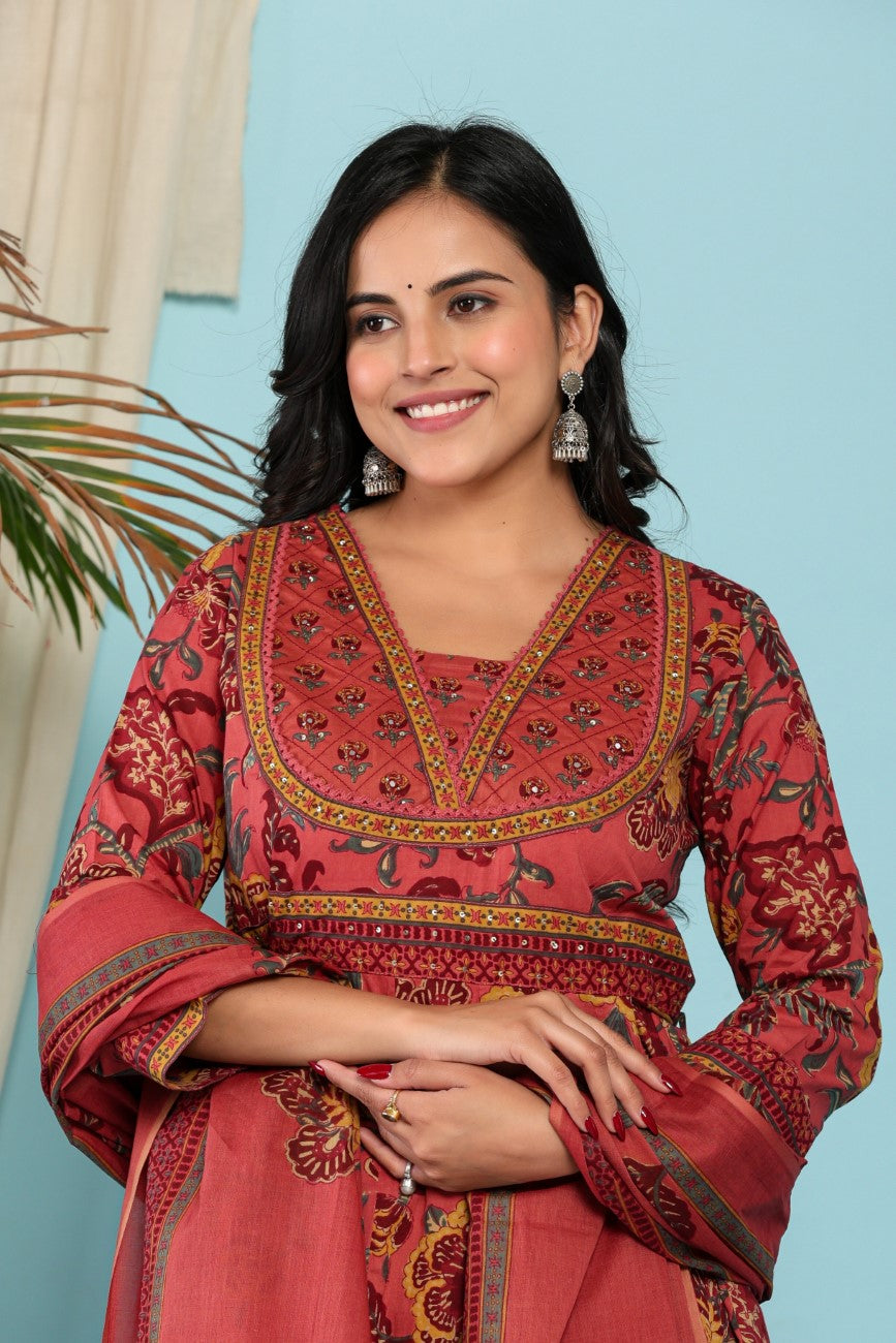 Onion Cotton Anarkali Kurta Pant Set with Dupatta-800098