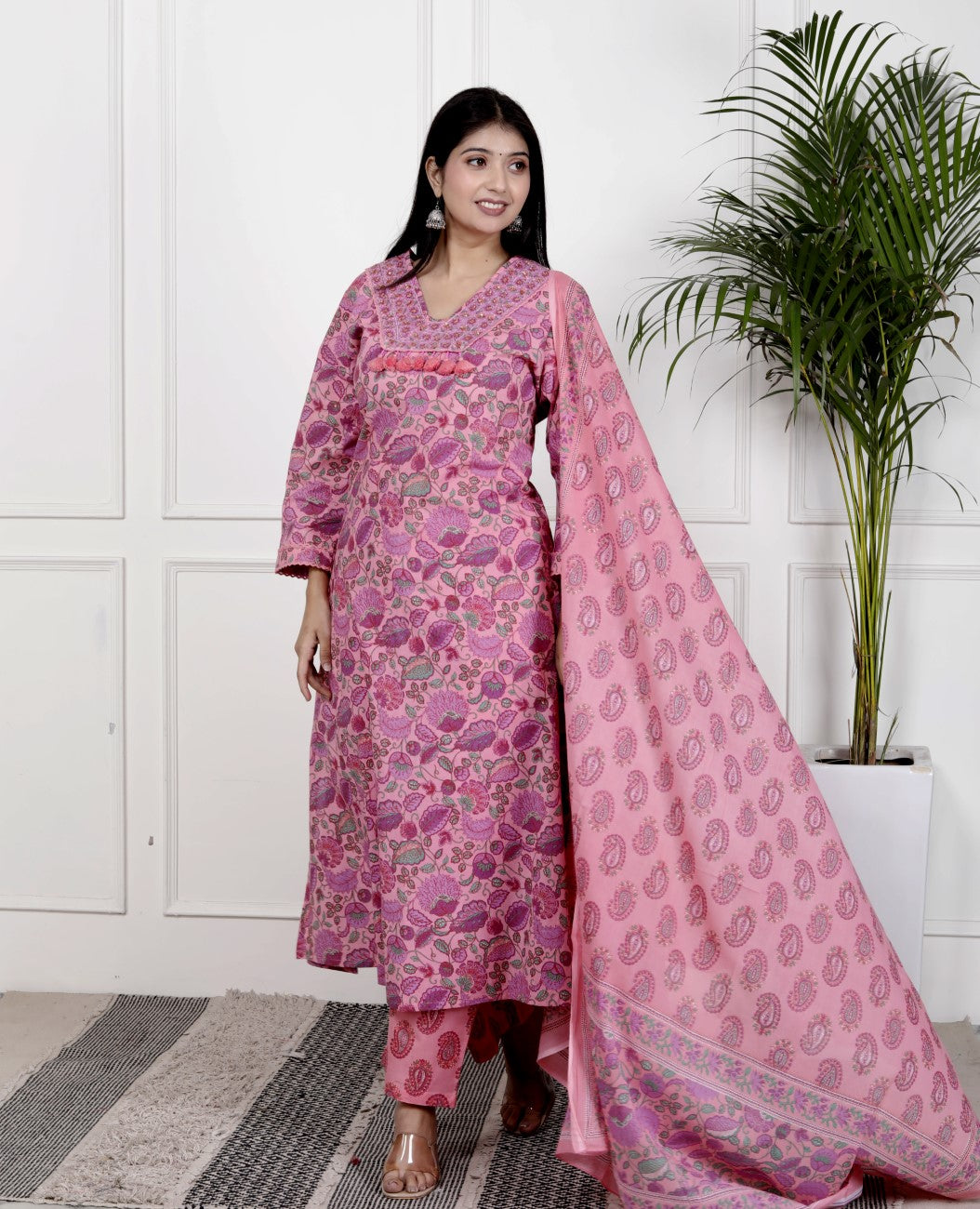 Pink Cotton Kurta Pant Set with Dupatta-800099