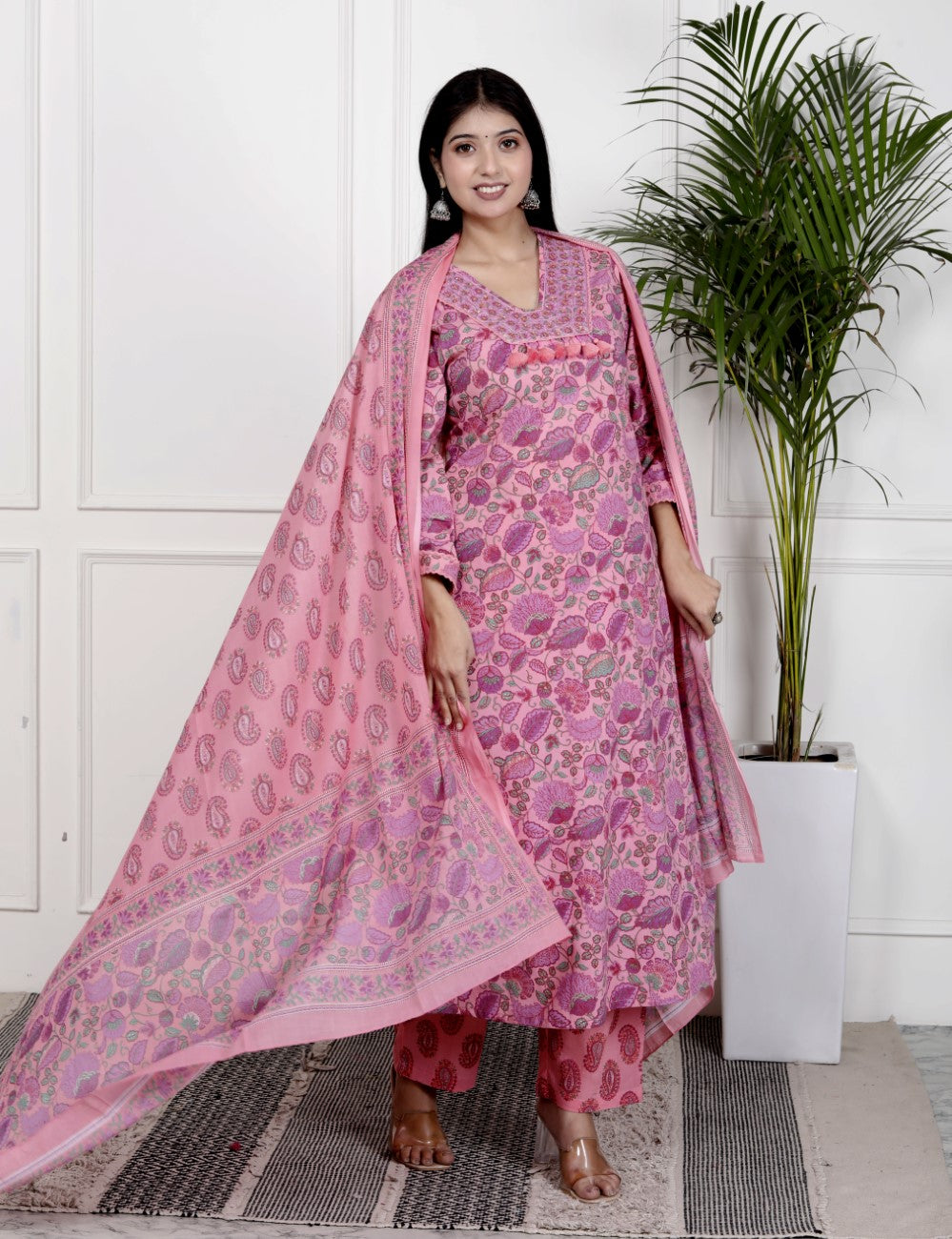 Pink Cotton Kurta Pant Set with Dupatta-800099